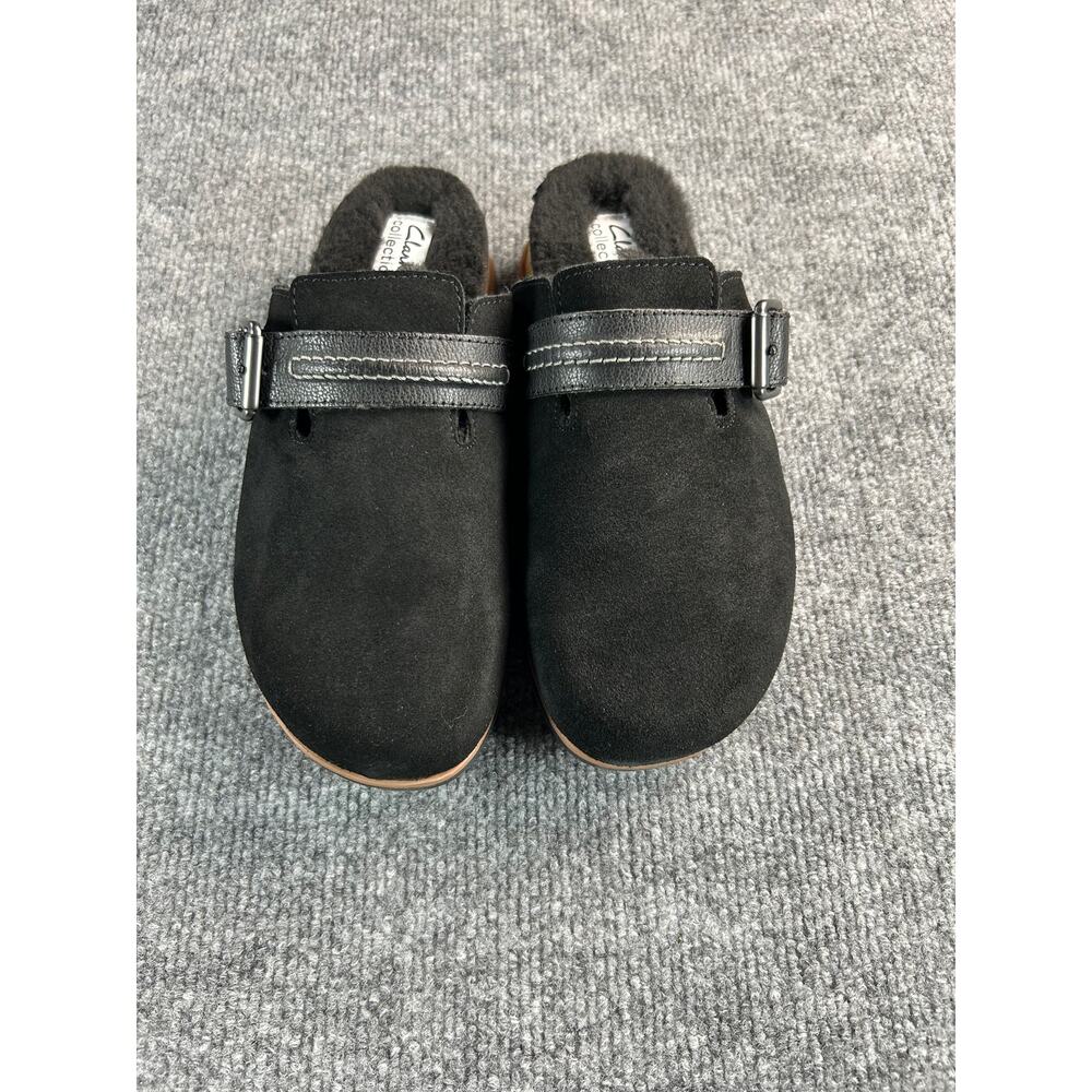 Clarks Brynn Black Suede Clogs WM Size 7 M Faux Fur Lined Buckle Mule Slippers - Picture 3 of 12